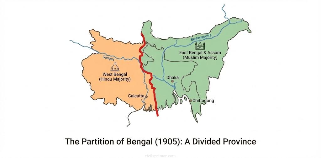 Partition of Bengal Map 1905 UPSC Modern India Basics